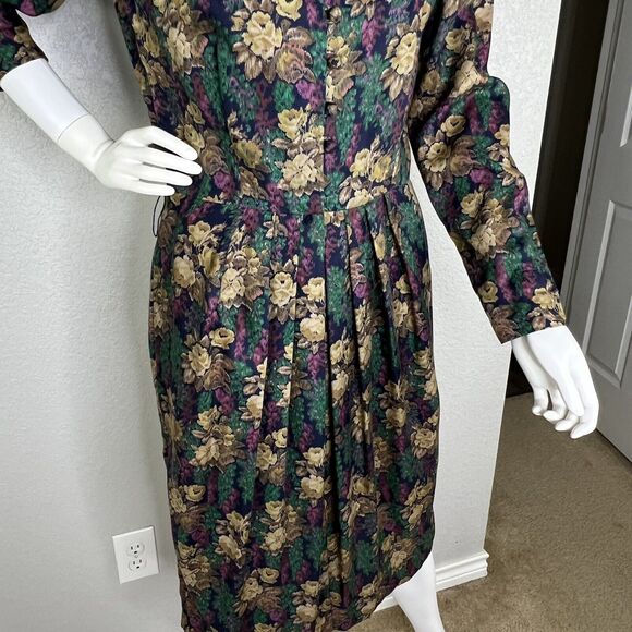 Vtg 80s Liz Claiborne Size 10 Floral Button Up Puff Sleeve Cottage Midi Dress - Picture 7 of 11
